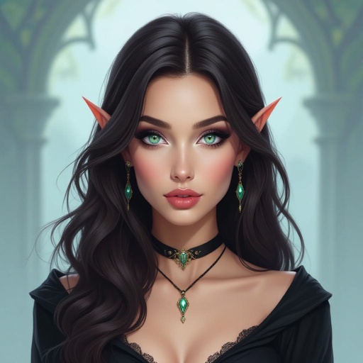 Kobieta o ciemobrązowych włosach do pasa, jasnych zielononiebieskich oczach, pełny makijaż. Ubrana na czarno
