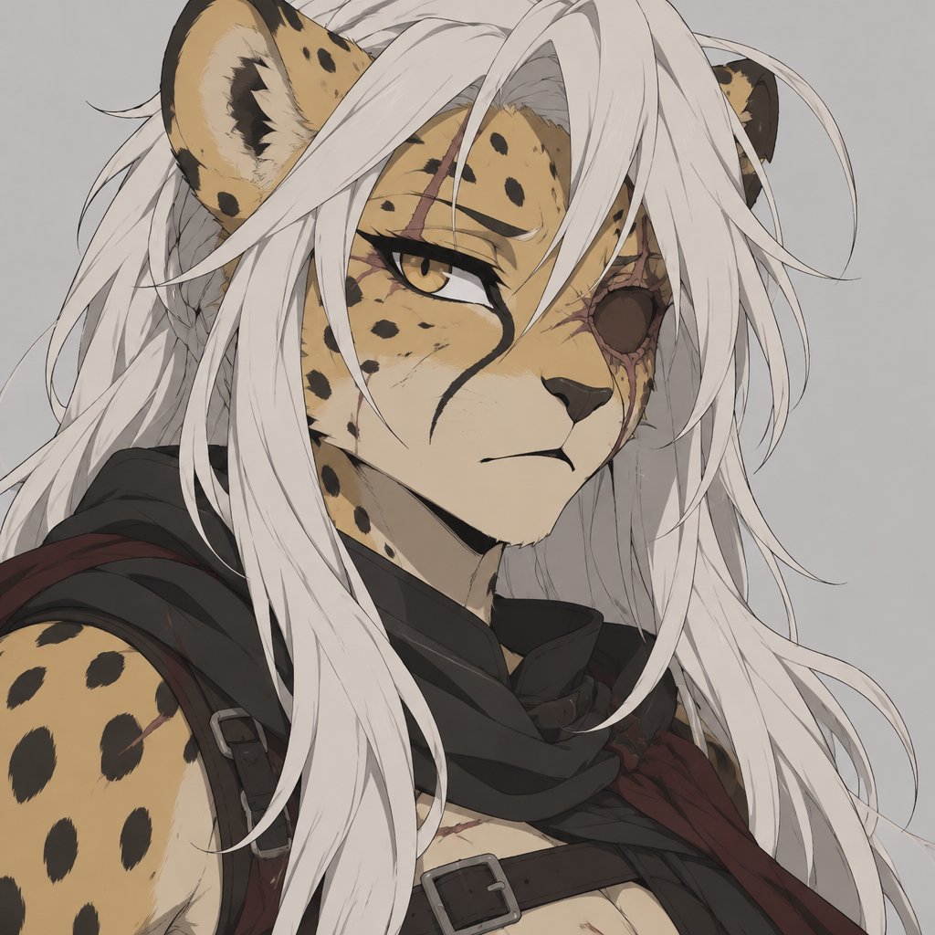 Cheetah furry ,scars, missing eye, long white hair