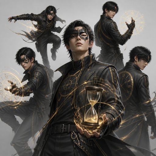 Male superhero with time abilities, Asian, lip piercing, half mask, multiple of the same character 