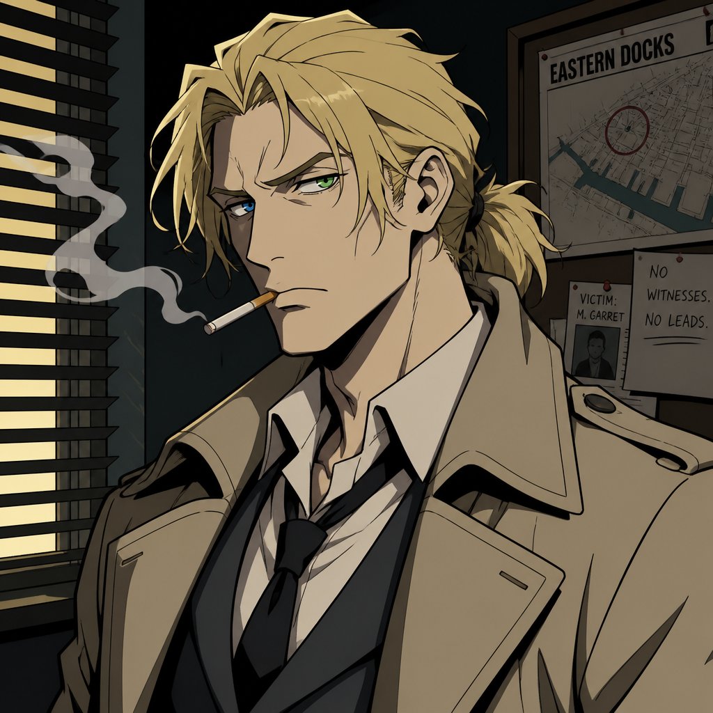 Male is a detective with medium messy blonde hair pale tall and tied blue and green eyes smoking annoyed look on face