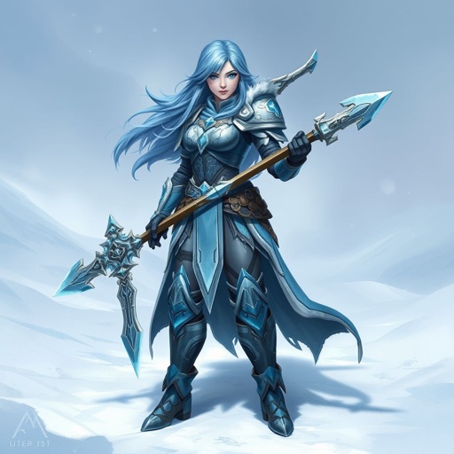 Create a battle woman hero called Alvara the Frostheart. Show full body head to toe including shoes