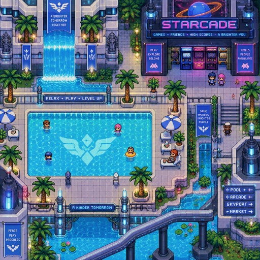 Pool/arcade for a futuristic fantasy city game, exterior, top down style