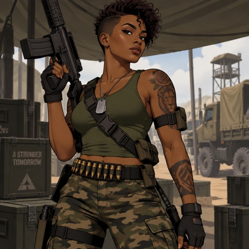 Female, African American, curly half cut short hair, green tank top, camo pants, belt with bullets, fingerless gloves, dog tags, belt across chest, arm strap, tattoos, gun
