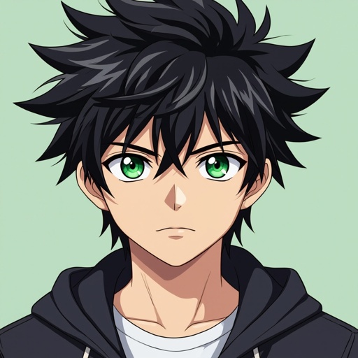 Male. 15 years old. Black hair. Green eyes. 
