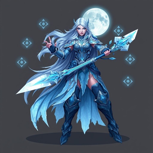 Create a battle woman hero called Alvara the Frostheart. Show full body head to toe including shoes 