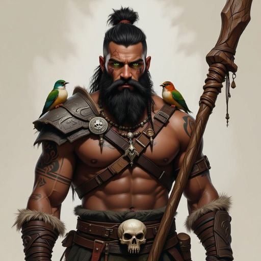Kael the Beastbound – A rugged, broad-shouldered man with black skin and a rough beard, wearing armor made from bone and leather. deep green eyes tattoos of animal tracks spiral down his arms. He carries a massive wooden staff carved with the shapes of beasts, and small creatures often perch on his shoulders or follow at his feet.