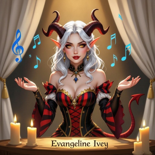 A semi-realistic fantasy portrait of Evangeline Ivey, the Fierna Tiefling Bard of the College of Glamour, captured mid-performance on her candlelit stage.  She stands full-body beneath soft golden light, ivory curtains draped behind her, and glowing blue musical notes spiraling through the air as if alive with her magic. Her porcelain-pale skin (#F3EDEB) gleams in the warm light, contrasting against her long silver-white hair (#D6D6DA) cascading around her shoulders. Her amber-gold eyes (#C88C21) are wide with theatrical expression, her mouth open in mid-song or gasp. Dark brown ridged horns (#4A3A2C) curve elegantly from her brow, and her pale devil’s tail curls behind her, tipped red-and-black like an exclamation mark of performance.  Outfit — “Infernal Mime” Parody Costume: • Black-and-deep-red striped bodice with suspenders and gold buckles • Short flared skirt trimmed with faint gold edge • Matching striped thigh-high stockings and long fingerless gloves • Red silk neck scarf tied neatly at her throat • Black heeled shoes and beret with her horns peeking through  Scene & Lighting: Warm candlelight and soft shadows create a theatrical glow across the stage floor and her form. The air is alive with faint magical motes shaped like music notes, curling around her in shimmering blue light.  Mood & Expression: Expressive, whimsical, and dramatic — a parody of classic mimes infused with bardic flair. Evangeline’s pose is mid-gesture, both hands raised as if she’s frozen between song and spell, her eyes alight with mischievous emotion and glamourous command.