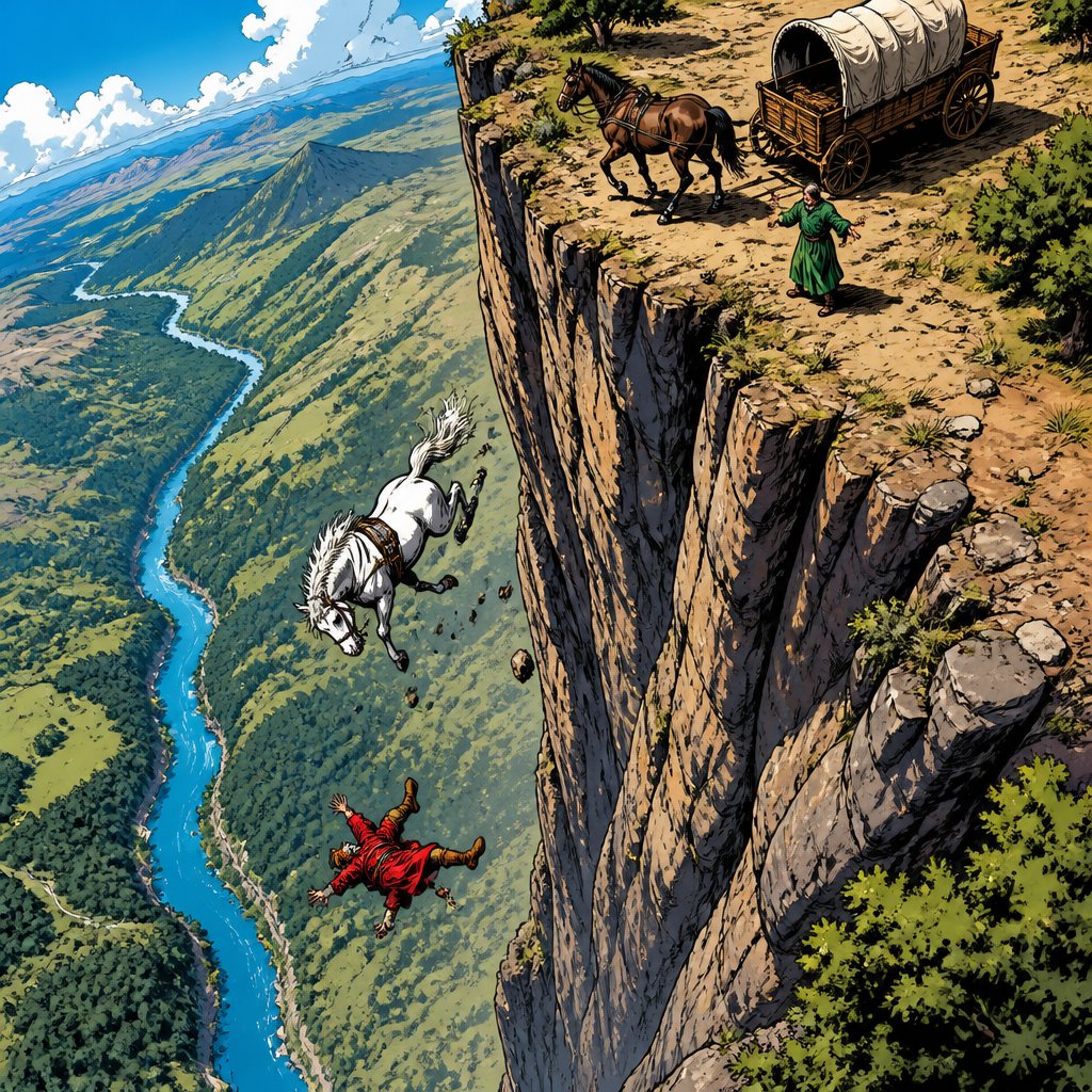 Extreme longshot, high drone view. Vivid realistic colors, no caricature realistic a white horse is falling off a cliff beside the horse. A man is also falling. He is wearing a red renaissance robe on top of the cliff is a waggon attached to one horse and a man in green Renasant robe is standing at the edge of the cliff high contrast day no print dots