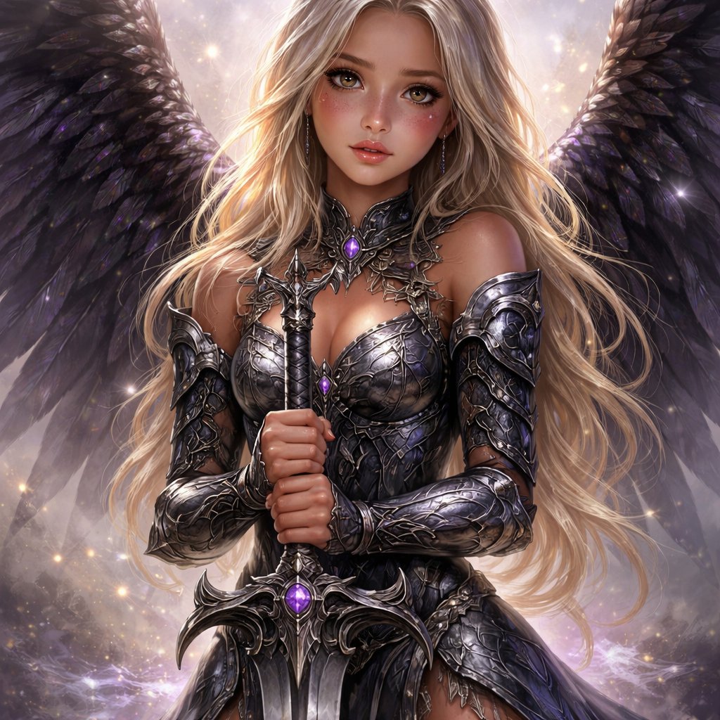 Light blonde hair. She has very tan skin that’s a Carmel color. She has deep bronzed colored skin. 15 year old girl with tan skin and brown eyes with gold fleck in them. She has skin tight armor thats decorated and fancy. She has stunning black wings with purple hues. She is carrying a double sided sword with a heeled hilt. The background is a hazy mist of silver and purple and gold glints of light. She has a soft worried expression that makes her eyebrows crinkle
