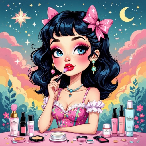 Create a character showing there whole body head to toe, a lady who loves beauty products  