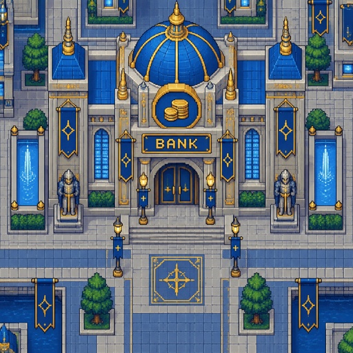 Bank for a futuristic fantasy city game, exterior, top down style