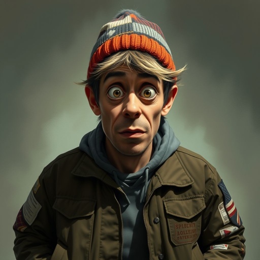 Create a funny looking paranoid man in the world, with a not so stylish outfit head to toe