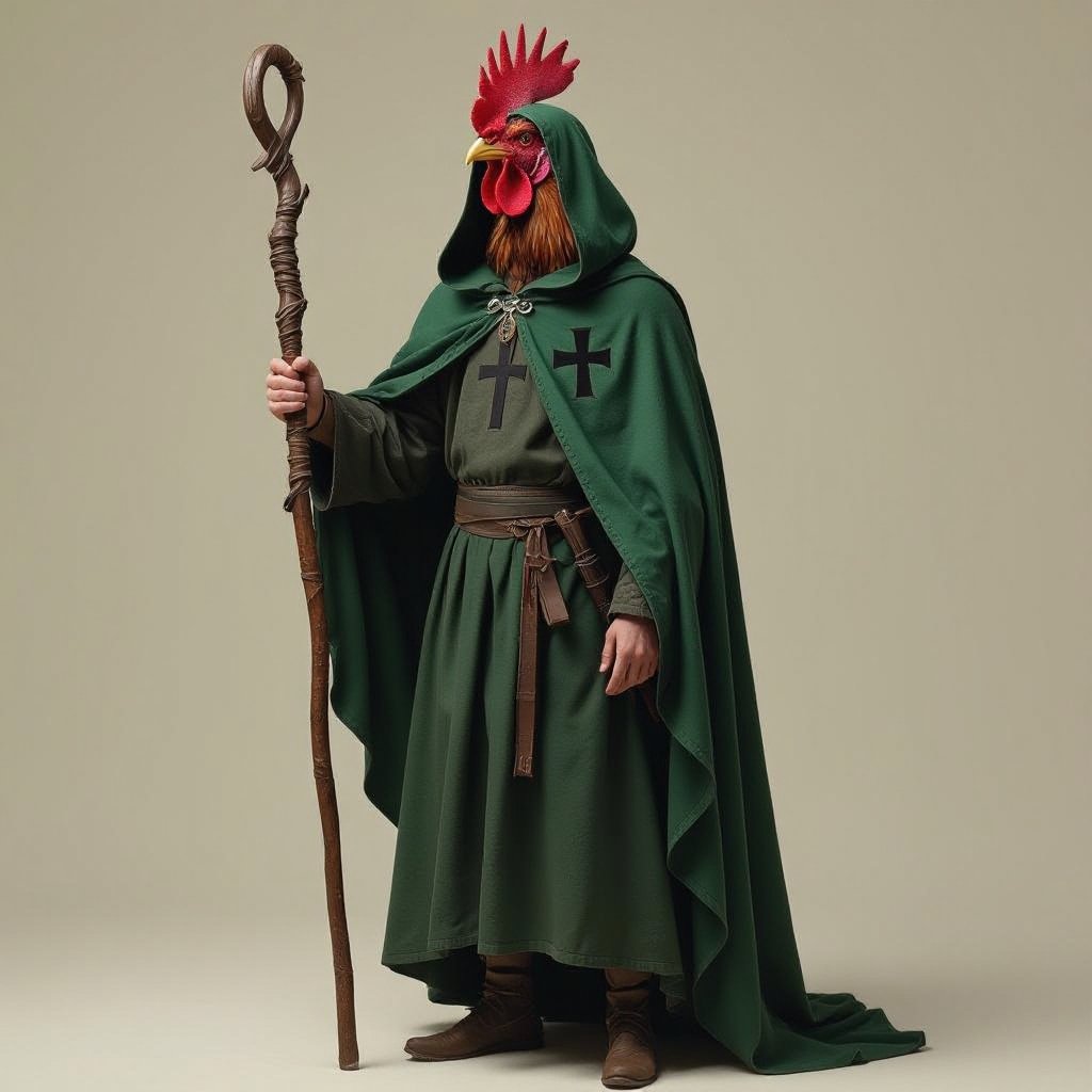 Rooster head on a human body. He wears a green cloak with a black cross stitched on the right breast. He carries a staff and wears a hood over his head