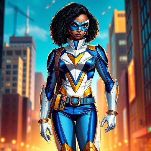 A teenage African American female with shoulder length curly hair  in a side part style superhero  wearing a MASK and a slightly armored white and blue suit with blue pants gold accents and a stylized V as her chest emblem a utility belt and gold boots