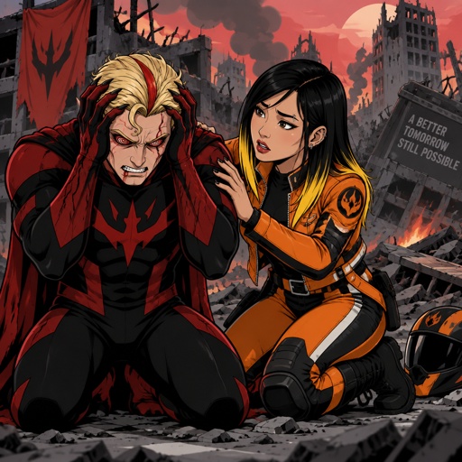 Male, blonde greased brushed back hair, neck length hair, curl on forehead, red streak in hair, scar on lip, red and black spiral eyes no whites, slim, superhero with chaos powers, cool outfit red, pointy ears, pointy fingers with red tips, red veins, Asian female with straight black neck length hair, yellow tips, side bangs on one side, eyebrow piercing, under eye mascara, ear piercing, motorcycle clothes orange, gloves, the guy is on his knees with his hands on his head in distress, the female is trying to talk to him to calm him down with an extremely worried look on her face, destroyed city background