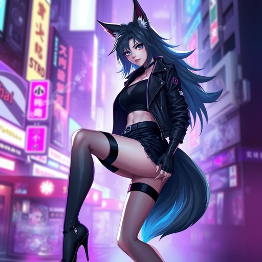 Human girl with wolf ears  and one wolf tail and a black short top and shorts and heels and a black leather jacket and a cool background 