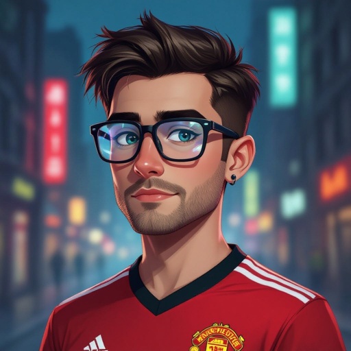 Mężczyzna o krótkich, ciemnobrązowych, włosach. Bez brody, bez bokobrodów, bez wąsa.  niebieskie oczy. Ubrany w koszulkę piłkarską manchaster united. Duże okulary z szerokimi oprawkami. Podłużna twarz. Bardzo wysokie czoło. Zakola. Wąskie usta, Brwi opadające na końcach. Przymknięte oczy. Bez kolczyków