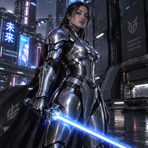 Gorgeous lady in a silver knight futuristic armor 