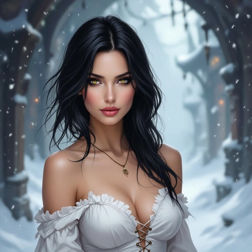 Show character head to toe. Create a mid age fantasy woman jet-black hair is cut sharpand her eyes seem to pierce through darkness. A shadowy aura clings to her form,