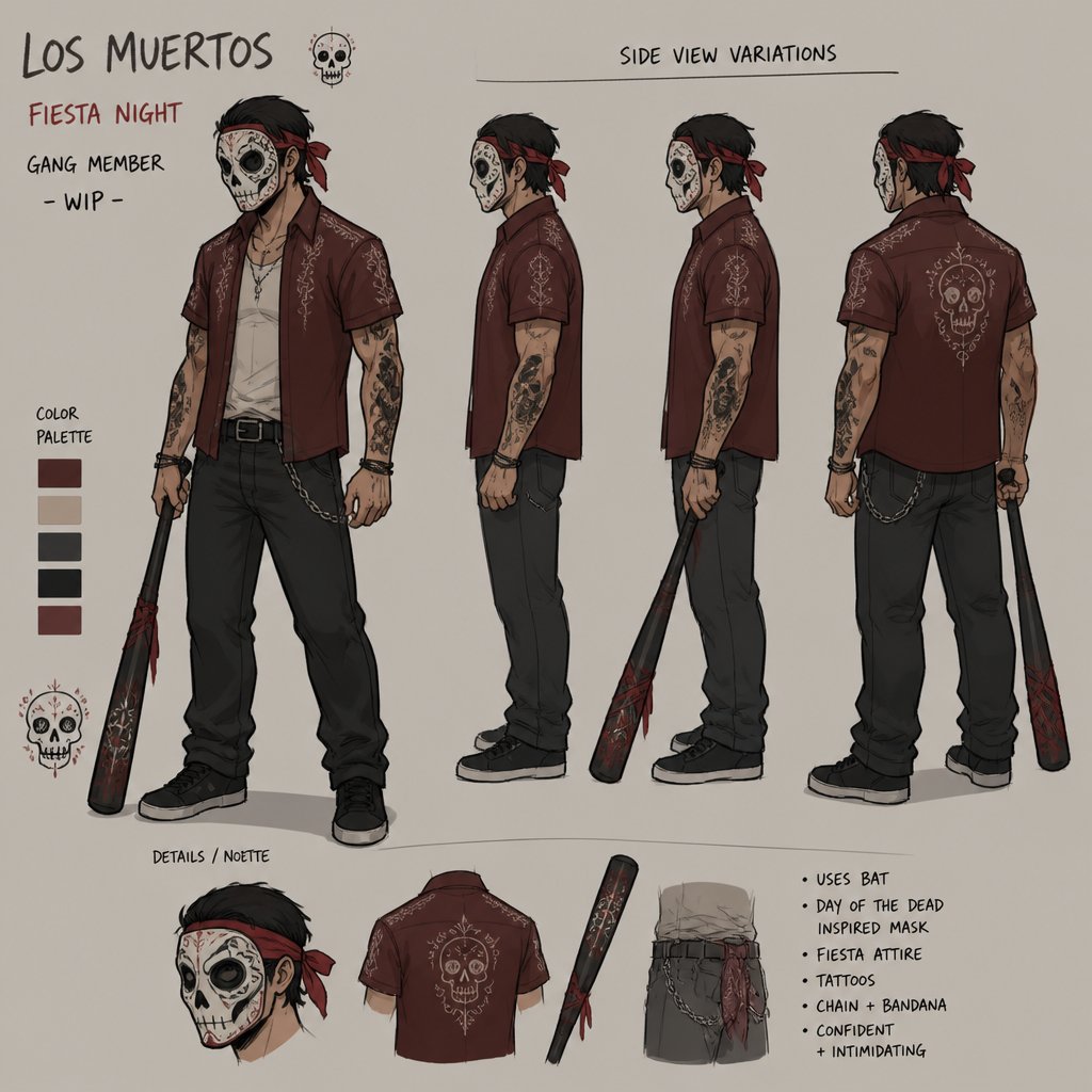 Male Villian, fiesta, mask, gang member, uses a bat, wip, multiple of the same character