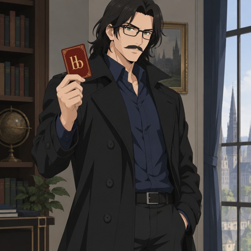 Male, green eyes, mustache, shoulder length black hair, neat hair, black glasses, holding a red  and gold card that has two b’s on it , black trench coat, blue shirt, standing
