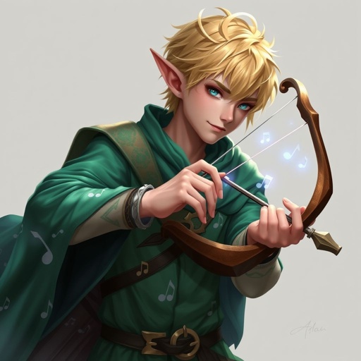 Male Elf bard with bow instrument and short blonde hair