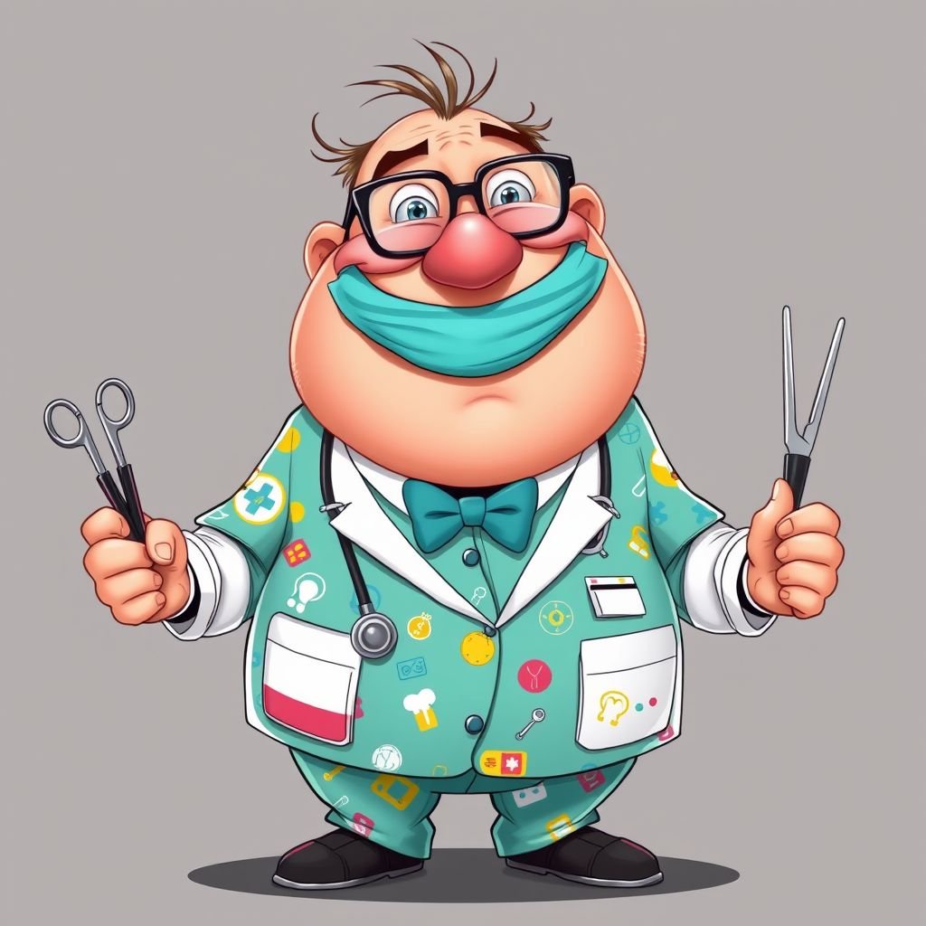 create a fat doctor. Who is funny human looking from head to toe. And he always immediately results to surgery for anything even small things. So please be sure to show his whole outfit head to toe. Make him have 1 tooth. Make it more adult humor instead of cartoon humor.