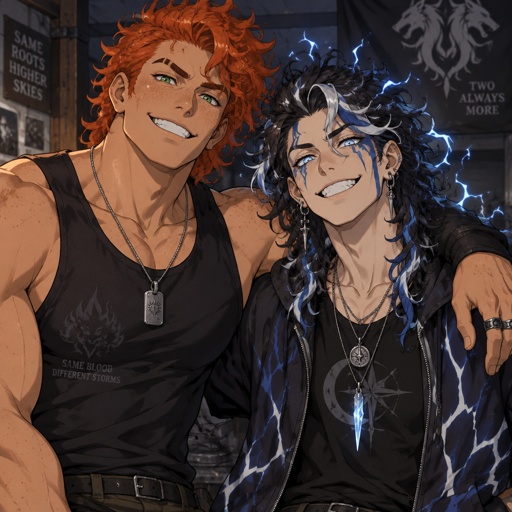 Twin brothers adults, orange red bushy curly hair, green eyes, light skin, one brother is taller and stronger with freckles, the other brother is thinner, no freckles, the skinny one has light blue and lightning white streaks colored curly longer hair sticking up at bottom lightning hair Static Electricity ,grinning, white eyes with light blue in the middle, six lightning mascara down face, earrings, lightning powers longer curly hair, earrings, other brother is buffer orange red curly hair, big grin,right eyebrow shaved in the middle,freckles Male, yellow orange and red curly hair, hair looks like fire,grinning, right eyebrow shaved in middle, green eyes, has fire powers, eye colors are yellow orange and red fire 