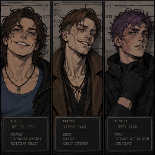 Male, neck length dark brown messy hair, no bangs, smiley face on cheek, dimples, grey eyes, eyebrow slit, blue tank top, black jacket, black necklace, Male, no facial hair, brown choppy messy hair undercut, pale, gold tooth, scar under eye, scar on cheek, brown long jacket, thin, late 30s, tooth necklace, smirk, Male, short curly purple hair, burn scar on right cheek, grey eyes, black jacket, gloves, mug shots separate screens