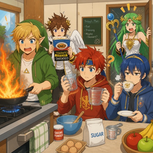 Super smash brothers link from legend of Zelda, pit from kid Icarus, and sonic the hedgehog as a human,Marth from fire emblem,Roy from fire emblem, there trying to make breakfast Roy looking at the measuring cups saying “which one do I use?”link holding pan that’s on fire, pit trying to read the cookbook but it’s upside down, Marth making himself some tea with a tired face expression,Palutena comes into the kitchen and yells “what are you guys doing!” All in casual clothes 
