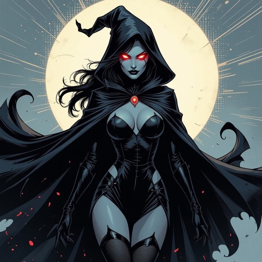 sexy shadow demon witch slate grey skin large black billowing cloak that emits darkness and shadow