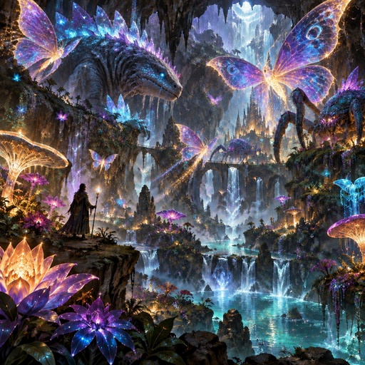 a painting of a fantasy landscape with butterflies