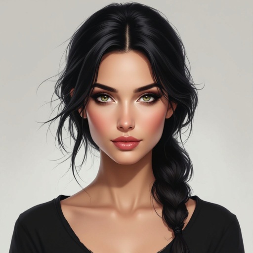 Show character head to toe. Create a mid age fantasy woman jet-black hair is cut sharpand her eyes seem to pierce through darkness. A shadowy aura clings to her form,