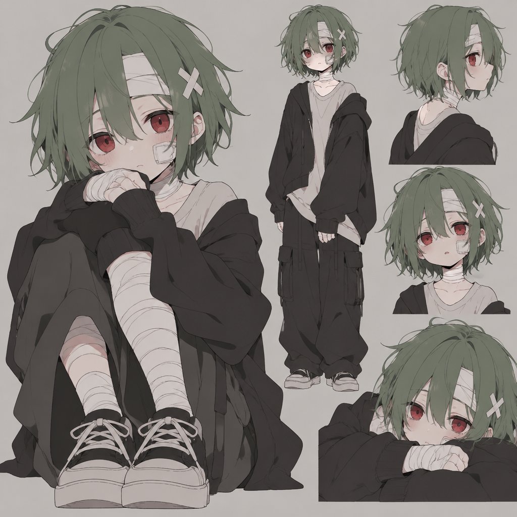 Petite girl with green shorty messy hair and red eyes. Wearing baggy clothes. Covered in bandages