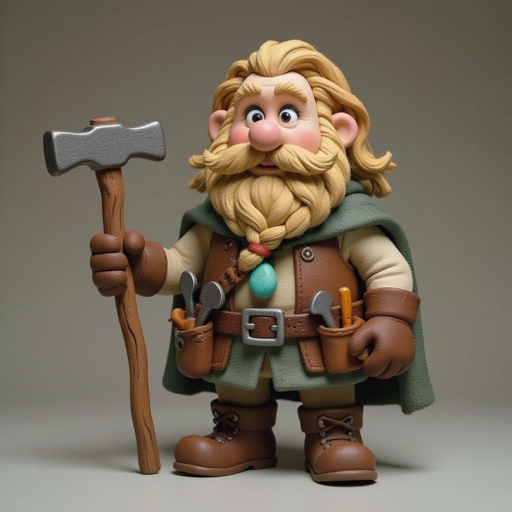 Create a stocky dwarf with a weathered face, braided beard tucked into his belt, and straw-tousled hair. Wears a soot-stained cloak over a leather smith’s vest, tool belt with hammer and chisels, heavy boots. Subtle turquoise rune glow from a pebble at his neck,