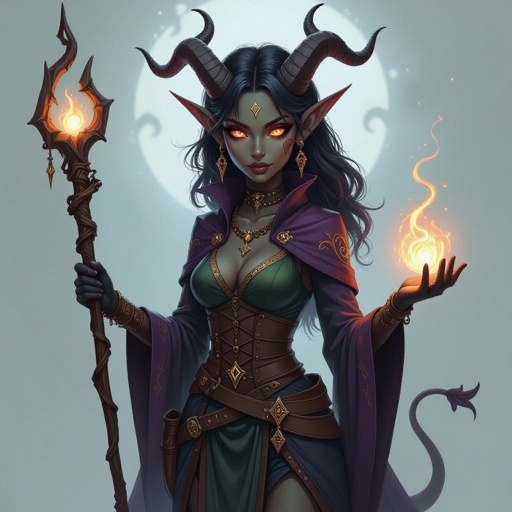  Female half Drow half tiefling short small frame high intelligence and high intimidation. Wizard class 