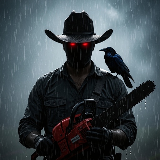 Give me a man holding a chainsaw with a raven on his sholder and red eyes you can’t see his face and he has a Texas hat and it’s raining
