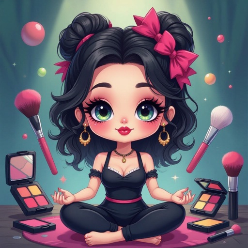 Create a chibi character mid 30’s lady who is the meditating with makeup stuff