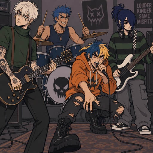 Male, shoulder length straight white hair, under eye mascara, multiple gold ear piercings, tear tattoo under eye, arm tattoos, multiple rings, sleeveless green turtle neck, brown suspenders, green eyes, playing guitar, second male undercut spiked up blue hair, scar on mouth, large eyes, ear piercings, rings, bracelet, blue shirt upturned collar sleeveless, jeans, necklace, smile, playing drums, third male jagged blue hair cut yellow tips, orange sleeveless hoodie, ripped pants, boots, smiling, dark blue eyes, singing, fourth male dark blue ponytail, hair cover one eye, tan, eye bags, blue eyes, headphones, green striped sweater, grey pants, blue sneakers, playing bass, smiling