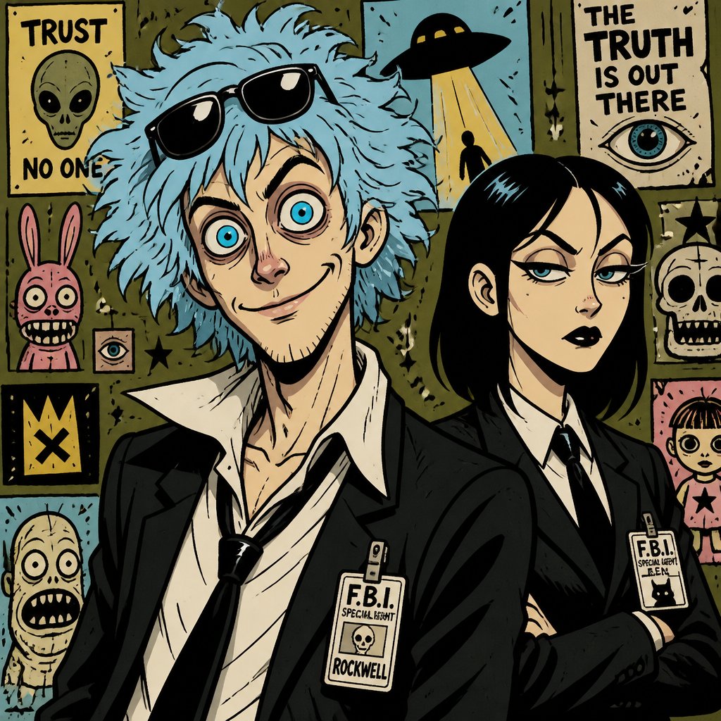Comic Anime Agent Rockwell very poof up messy hair half side longer and drooped down hair is a light blue skin color white, very bright blue eyes, wears a suit tie is loose, he doesn't wear his jacket his collar to his shirt is uneven sunglasses on his head He's know for his mischievous and reckless behavior but takes missions very seriously is one of the best agents they have Ren is Rockwell's partner is very serious and organized opposite of Rockwell, get very annoyed at Rockwell's behavior they tend to argue with each other but Rockwell is more of having fun