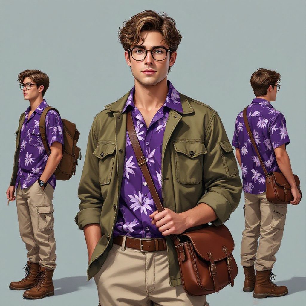 A 19 Year Old man in a Purple Hawaiian Button Up and Beige Cargo Pants. Light Brown Hair Glasses and a worn Army Jacket and Brown Hiking Boots and a Brown Leather Saddleback 
