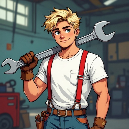 16 years old. Blond gypsy. Male. Carries a wrench. Wears a white t-shirt with a pocket. Tucked in. Red Suspenders. Mechanic boots. Skinny, but muscular. Tussled hair.