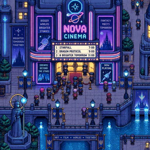 Movie theater full for a futuristic fantasy city game, exterior, top down style