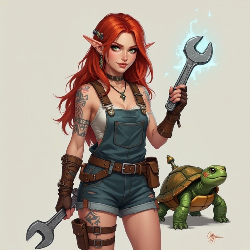 Red Head Half Elf Female Artificer in small leather short overalls no tattoos with Tiny Robot Turtle Construct