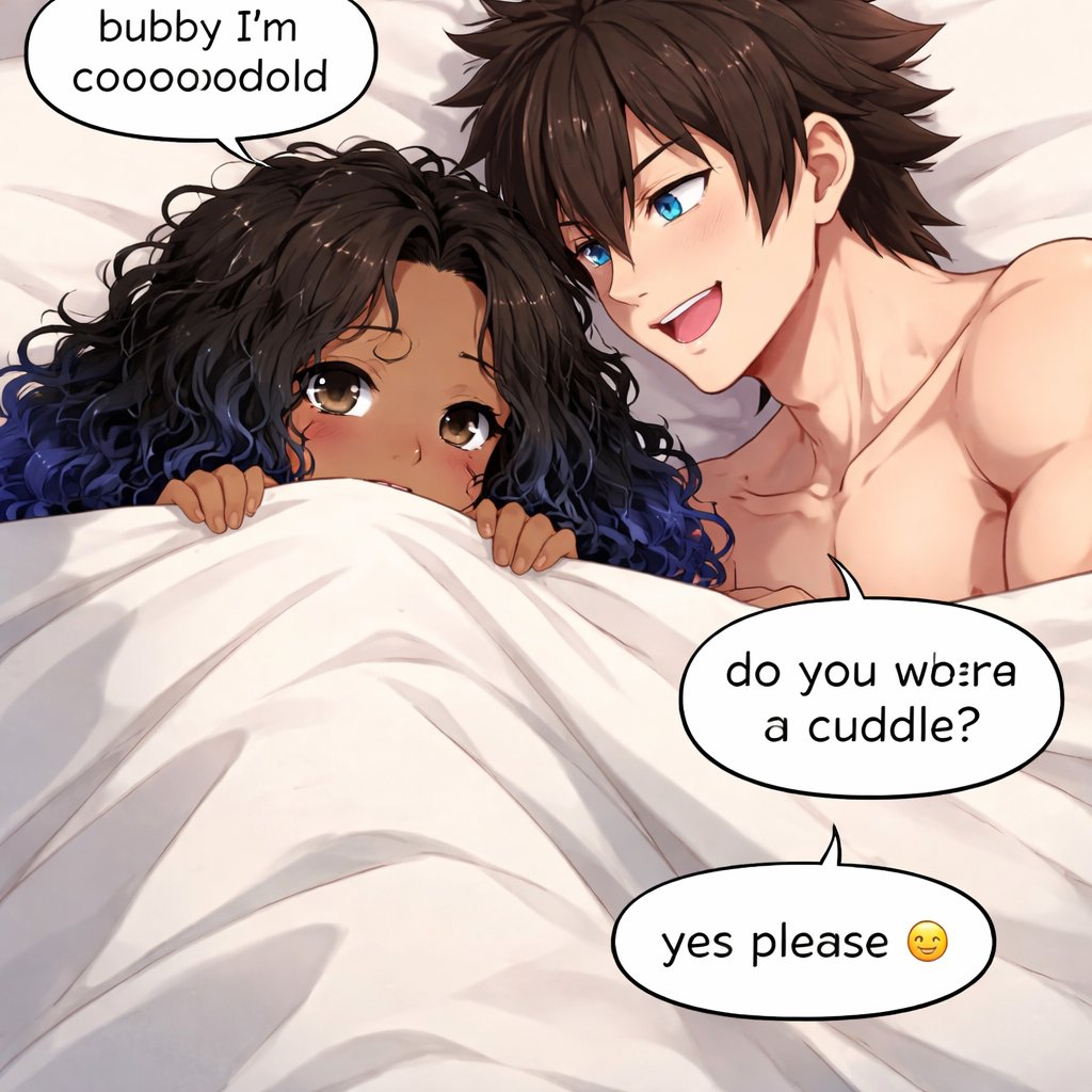 A dark skin woman with black curly hair with fade blue tips is in the bed with grown Inosuke the blanket is all the way up on the women put a text saying "bubby I'm cooooooold"coming from the woman and make grown Inosuke say "do you want a cuddle?" and make the woman say "yes please ๐"