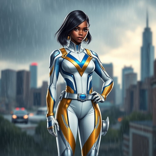 A teenage African American female superhero with hair in a shoulder length side part style wearing a partially armored white and Gold suit with blue accents and a stylized V as her chest emblem a utility belt and silver boots standing in Philadelphia during a rain storm 