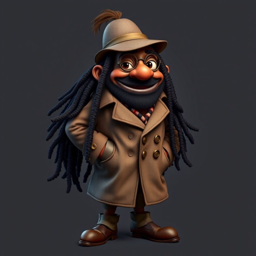 Create a funny fat character similar to Sherlock Holmes, but make him of black decent and with dread locks. Show his whole outfit including his shoes.