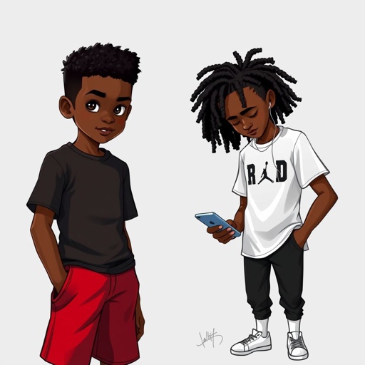 Young 12 year old  dark skin boy with a mini Afro with black T shirt on with  red shorts  holding a action figure sitting next to a 19 year old  dark skin boy with white T-shirt  that says Jordan on and black pans and white socks on with black mini dreads holding his iPhone and earphones 