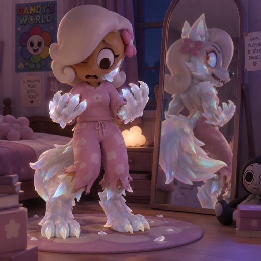 Ginger from dandy’s world in her room turning into a opalite werewolf 