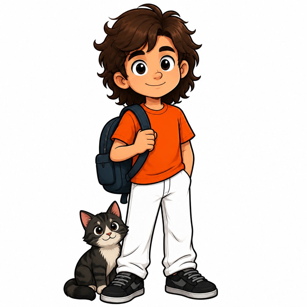 a boy with a backpack and a cat